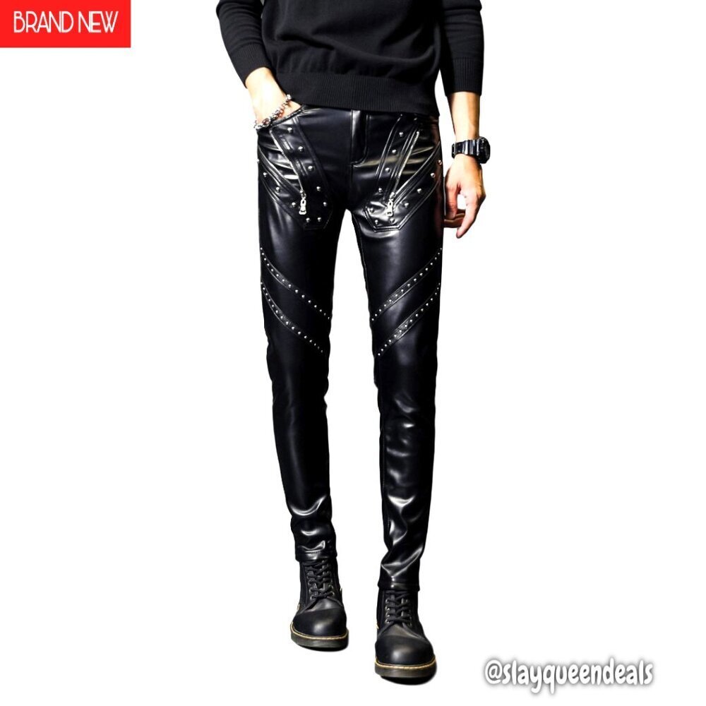 Men's Slim Fit Faux Leather Pants with Studs for Parties & Performances